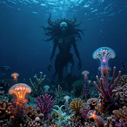nightmare of the deep ocean by zdzisław beksinski, ed binkley, and wayne barlow, bioluminescent, coral reef, ai biodiversity, ernst haeckel, vibrant colors, photorealistic ultrasharp hyperdetailed octane render