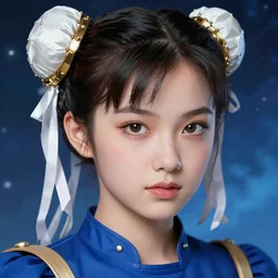 a comic portrait of chun - li, fine - face, realistic shaded perfect face, fine details. blue - ish cosmic setting. very anime style. realistic shaded lighting poster by ilya kuvshinov katsuhiro, raden saleh, basuki abdullah, jeremy lipkin and michael garmash, rob rey and kentaro miura style, trending on art station