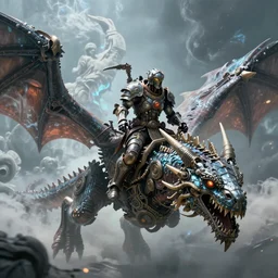 Epic Abstract tech close up action scene of a old steampunk human warrior riding a gigantic etheral wyrm, horror, volumetric clouds, focus, detailed, realistic eyes, symmetric body features proportions, intricate details, award winning, unreal render, by Tom Bagshaw