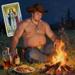 a serene, ethereal painting of a handsome mischievous thicc shirtless cowboy with a beer belly | night scene with campfire | food and jugs of whisky in the foreground | tarot card, art deco, art nouveau | by Edward Okun | trending on artstation