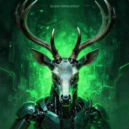 poster style, a beautiful and terrifying painting with high details a digital portrait of cyber god of hunting with robotic deer head in style of green neon, cyber noir, movie atmosphere, movie lights, 8 k, light effect, rtx on, trending on artstation, by kilian eng, lee madgwick, bastien lecouffe - deharme
