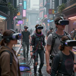 an intricate detail of a street in the metaverse with people with VR headsets and cables,sci-fi, futuristic technology, highly detailed, cinematic lighting, volumetric lighting,  Artstation, concept art, hyper realistic, cgsociety