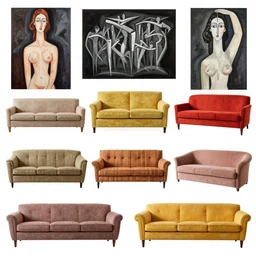 several sofa designs, art deco, vivid colors, modigliani style, Les Edwards, Zdzislaw Beksinski, Carl Gustav Carus, John Harris, Michal Karcz, Zhang Kechun, Mikko Lagerstedt, Scott Listfield, Steven Outram, Jessica Rossier.