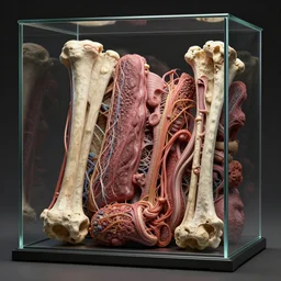 biomass of human parts, ligaments, tissue, bones, nerves, tight in a glass box, zbrush rendered, realistic, ultra high quality, detailed texture, shot on imax unreal engine 5
