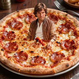 A still of a pepperoni pizza as Han Solo from Star Wars The Empire Strikes Back. Extremely detailed. Beautiful. 4K. Award winning.