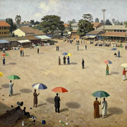 dahomey officials with flat colorful umbrellas in ahomey's huge main square, from above, in benin, 1905, highly detailed, oil on canvas, by ilya repin