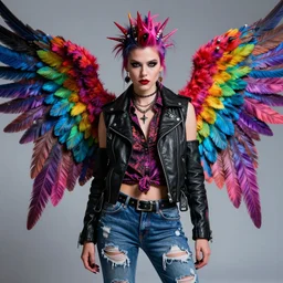 a punk angel with multicolored wings dressed in a sleeveless leather jacket, button up shirt, and ripped jeans hyper detailed and intricate hyper maximalist hyper realistic photorealistic highlights and shadow ray traced ultra - hd 3 2 k post - processing super high resolution