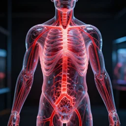 medium shot of a see through torso display of a bio - electrical humanoid, glowing red veins, centerpiece