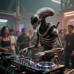 Still film  of Xenomorph playing DJ in Tomorrowland with lots of humans. Intricate. Elegant details. 4K