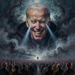 abstract painting of giant Joe Biden grinning evil emperor of the world emerging in dark clouds, Sidious, noxious, cosmic horror, evil, dangerous, trending on ArtStation, masterpiece, by Greg Rutkowski, by Ross Tran, by Fenghua Zhong, octane, lightbeam eyes, soft render, clear facial features, oil on canvas, immense crowd of imploring people, moody lighting, cinematic, professional environment concept art