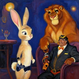 jessica rabbit, mufasa, master chief, in a nightclub, impressionism