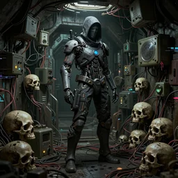 a cybernetic hunter, cyberpunk, in a dingy underground bunker, wires, skulls, machines, by emil melmoth zdzislaw belsinki craig mullins yoji shinkawa realistic render ominous detailed photo atmospheric by jeremy mann and agnes cecile ink drips paint smears digital glitches glitchart