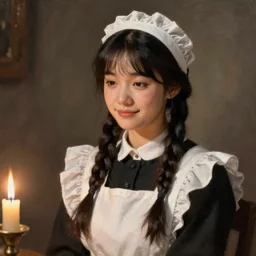 a (sadly) (((smiling)))) black haired, young hungarian servantmaid from the 19th century who looks very similar to ((Lee Young Ae)) with a two french braids, detailed, soft focus, candle light, realistic oil painting by John Everett Millais,  John Everett Millais, Henry Meynell Rheam, Munkácsy, Csók István, and da Vinci