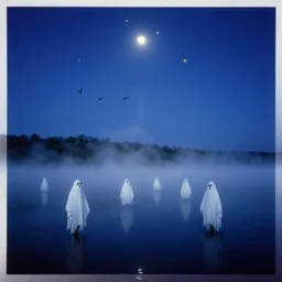 ghosts in the middle of lake, fog, birds, moon rays through the fog, night sky, yellow stars, deep blue mood, contemporary archival color photograph print from the original negative, by stanley kubrick