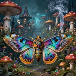 A centered chest up portrait of a psychedelic demonic anthropomorphic moth smoking a hand-rolled cigarette smoking heavily , magic mushroom village in background , award winning. superb resolution. in the art style of junji Ito and greg rutkowski . Detailed Mushroom city in background. Hyper realistic anime. Perfect art. Dalle2