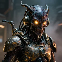 a close up sci fi horror quarter - length portrait of a shadow demon fused into decrepit cables and wearing realistic sci fi armor, cinematic lighting, smooth, high detail, glowing eyes, realistic led tube lights, unreal engine, octane render, by vitaly bulgarov artstation, golden rule, by michael hussar, vray, fog volumes, vivid color glow, cgsociety