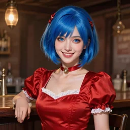 a smiling happy beautiful barmaid with short blue hair wearing a satin red dress in a rustic saloon, beautiful blue eyes, fantasy, intricate and very beautiful and elegant, highly detailed, digital painting, artstation, concept art, smooth and sharp focus, illustration, art by peter mohrbacher and tan zi and artgerm
