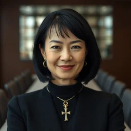 a portrait photograph of a smug woman executive in a board room, wearing a black dress and ankh necklace, black hair, dof, sharp focus, slight smile, pale, highly detailed face, symmetric face, 4 k, cinestill 8 0 0 t, exif, raw, photography by andreas franke