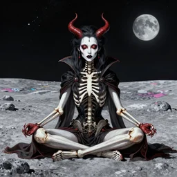 in the style of artgerm and joshua middleton, full body, beautiful demon, skeleton, queen, meditating on the lunar surface, graffiti, highly detailed