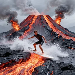 man in a swimsuit surfing on flowing lava in a volcano with magma eruptions, steam and smoke from smoldering rocks