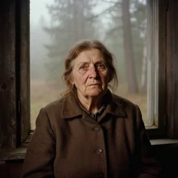 portrait bust of old woman, tired expression, faded color film, russian cinema, tarkovsky, kodachrome, inside old cabin, next to window, heavy forest outside, long brown hair, old clothing, heavy fog, brown color palette, hudson river school, 4 k, dramatic lighting, greg rutkowski