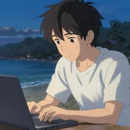 concept art of man working on laptop at beach, perfect face, fine details, by greg rutkowski, makoto shinkai