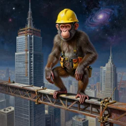 a monkey that is dressed like construction worker, standing on a girder on a skyscraper under construction, wearing a hardhat cosmic horror painting, elegant intricate digital painting artstation concept art by mark brooks and brad kunkle detailed