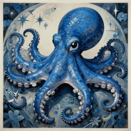blue octopus. detailed. deep. masterpiece. mucha