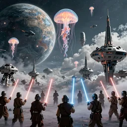 still image screenshot floating jellyfish planet, jedi temples floating in mid air, from the tv show mandalorian on disney +, surreal scene with a dozen jedi soldiers igniting lightsabers looking up at - at imperial walkers, anamorphic lens, spaceships in the cloudy sky, 3 5 mm film kodak from empire strikes back 1 9 8 3