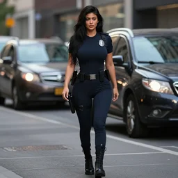 Kylie Jenner, outfit: cop, full shot, realistic, hyperrealistic, highly detailed, very detailed, 8k resolution, real life, HD quality, dramatic, city quality lighting