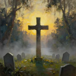 single cross in moody foggy graveyard in lake in jungle with  backlight , sunset  oil painting panorama by  frazetta