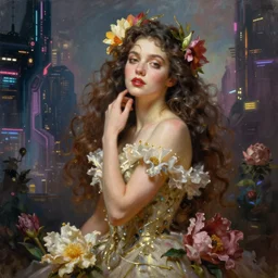 Beautiful portrait painting of the flower queen in a sensual pose, in the style of Dan Mumford artwork, with a futuristic cyberpunk city in the background.