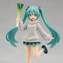 still figurine of hatsune miku in comfy sweater holding scallion, eyes by kon satoshi, personification, dynamic pose, detailed product photo, featured on amiami, tone mapped, beautiful composition, 8 5 mm, f. 1 4