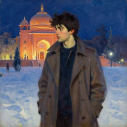 winter, attractive male, neon light, india, painting by gaston bussiere, craig mullins, j. c. leyendecker