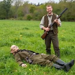 a dead elf on a grassy field with a farmer holding a shotgun smiling into the camera.