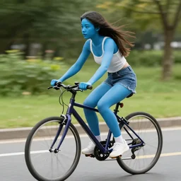 a girl with blue skin riding a bike
