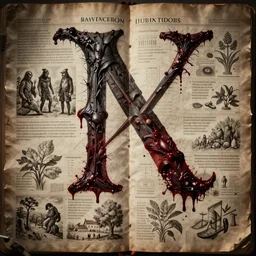 estrange calligraphy, detailed, medieval, scary, stephen stark, high detail, dramatic, blood letter, infographic, textbook, specimens, hortorium, scientific study