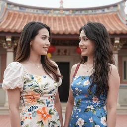 a focus shot photo of two women in floral dress in taiwan