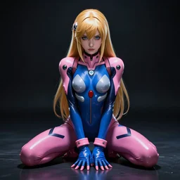 striking character concept portrait, samus aran, sitting with wrists together, blue and pink zero suit, curvaceous. detailed, elegant, high quality, dark lighting, very high contrast with dark background, fantasy, reflective, spotlight. digital artwork by artgerm and wlop and alex ross and pixar and alphonse mucha, trending on artstation