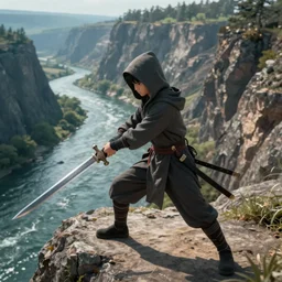 a beautiful cinematic image of a hooded boy wielding a sword on a beautiful cliff side below a river in fantasy artstyle, cinematic, 4k, realistic, anime artwork, rtx, hyperrealistic, unreal
