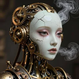 Portrait of steampunk android, cracked porcelain face, steam, gears, product photo, high detail, realistic octane render, raytracing