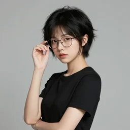 portrait of an asian trans girl with very short black hair, bedhead, wearing glasses, wearing a black t-shirt, digital art, elegant pose, masterpiece