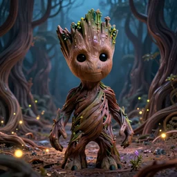 a stunning ultra detailed fantasy fine art closeup photo of groot in a barren sinuous forest surrounded by fireflies, by tomasz alen kopera and anna dittman, night, very detailed, deep depth of field, 3 5 mm lens, soft lighting, artstation, highly coherent, 8 k