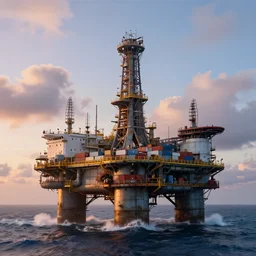a futuristic oil rig tower cluster, built of scavenged parts from oil tankers and containerships. Reaches the clouds above. Roaring Ocean, early dawn. Beautiful skies. HD. Trending on artstation. Highly detailed.