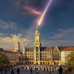 , city of munich!!!, huge bright meteor falling from the skies!!!, people in panic!!, hyperrealistic, highly detailed, cinematic, golden sunlight, beautiful, cgssociety, artstation, 8 k, oil painting by greg rutkowski, by artgerm, by wlop