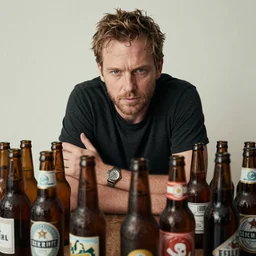 rich evans surrounded by empty beer bottles