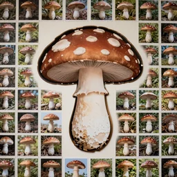 photo of a wall covered in hundreds of pictures of mushrooms with hundreds of pictures of mushrooms in the shape of a mushroom, 8k