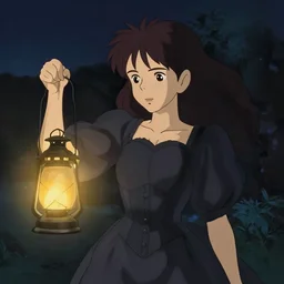 a woman in a black corset holding a lantern at night, a screenshot by studio ghibli, tumblr, symbolism, mystical, enchanting, fantasy film