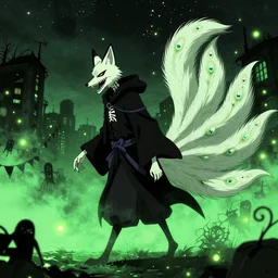 a real anime cover for an undead fox wizard with visibly skeletal jaws, a large albino peacock tail, walking through foggy city under starry skies, spooky, halloween decorations, fireflies, anime, peaceful, grainy, neon green, black, vhs, toxic biohazard aesthetic, art by yuji ikehata