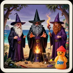 dramatic color photo of dadcore occult wizards on vacation by basil wolverton by robert crumb by william eggleston in the style of a garbage pail kids card, play - doh, ultra realistic, concept art